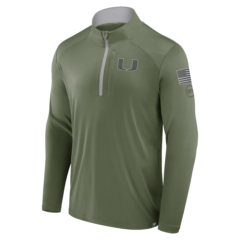 Men's Fanatics Olive Miami Hurricanes OHT Military Appreciation Defender Quarter-Zip Jacket