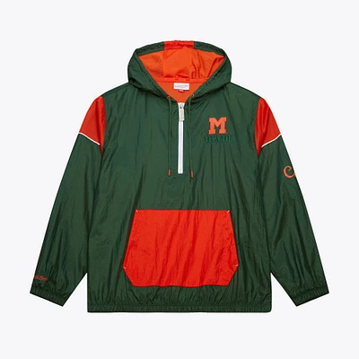 Men's Mitchell & Ness Green Miami Hurricanes Anorak Vintage Logo Half-Zip Hoodie Jacket