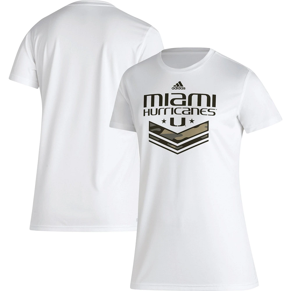 Women's adidas White Miami Hurricanes Military Appreciation AEROREADY T-Shirt