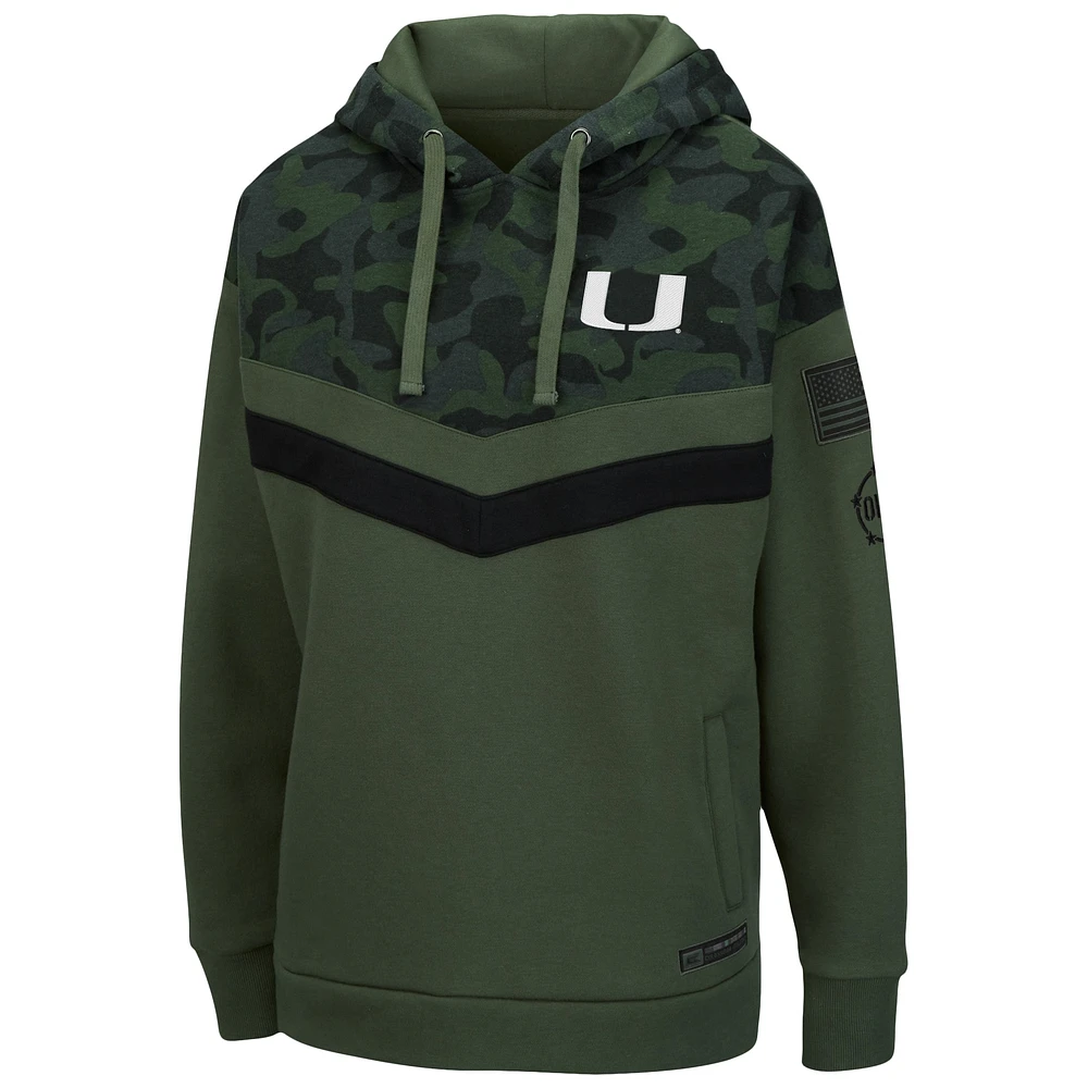 Women's Colosseum Olive/Camo Miami Hurricanes OHT Military Appreciation Extraction Chevron Pullover Hoodie