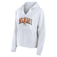 Women's Fanatics White/Gray Miami Hurricanes Arch Logo Striped Notch Neck Pullover Hoodie