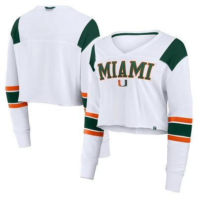 Haut court à manches longues et col en V pour femme Fanatics White Miami Hurricanes Training Camp