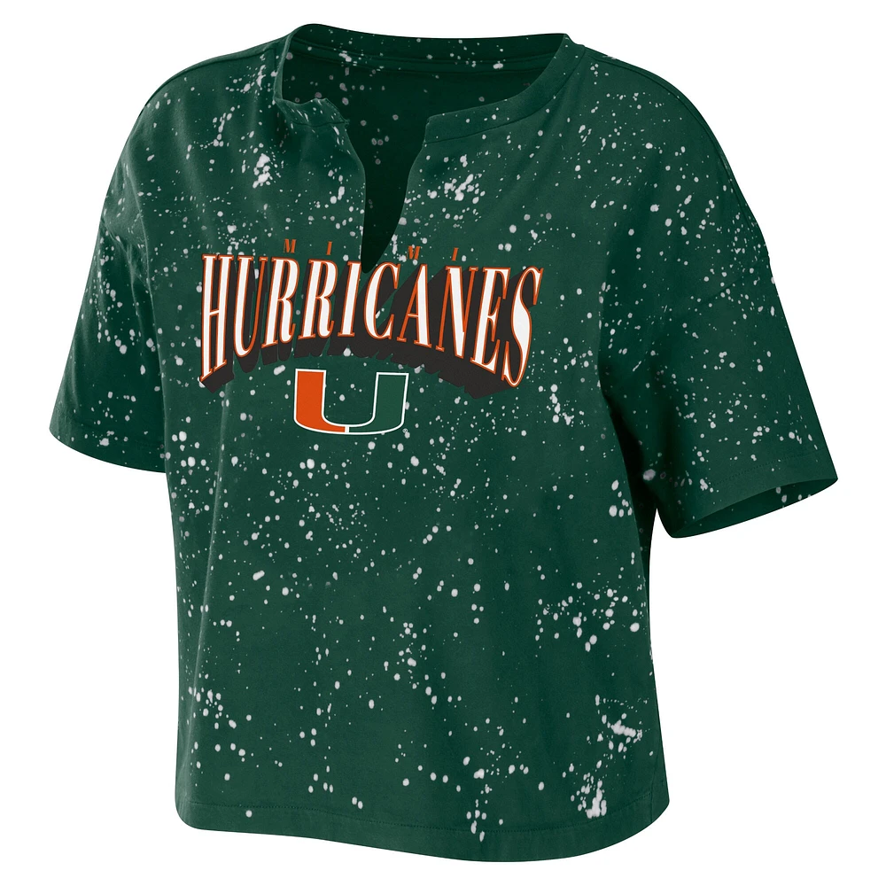 Women's WEAR by Erin Andrews Green Miami Hurricanes Bleach Wash Splatter Cropped Notch Neck T-Shirt