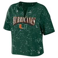 Women's WEAR by Erin Andrews Green Miami Hurricanes Bleach Wash Splatter Cropped Notch Neck T-Shirt