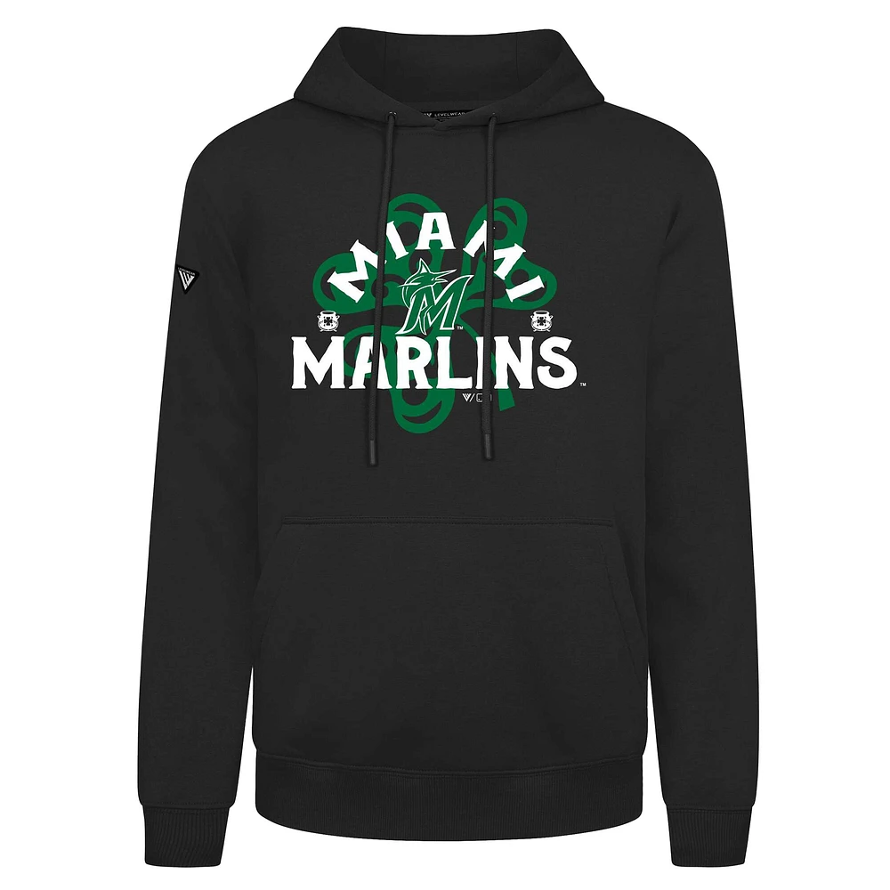 Men's Levelwear  Black Miami Marlins St. Patrick's Day Podium Shamrock Pullover Hoodie