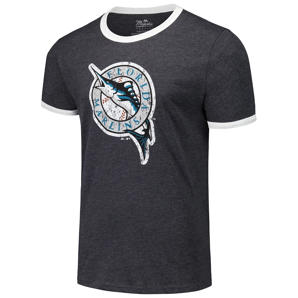 Men's Majestic Threads Black Florida Marlins Ringer Tri-Blend T-Shirt