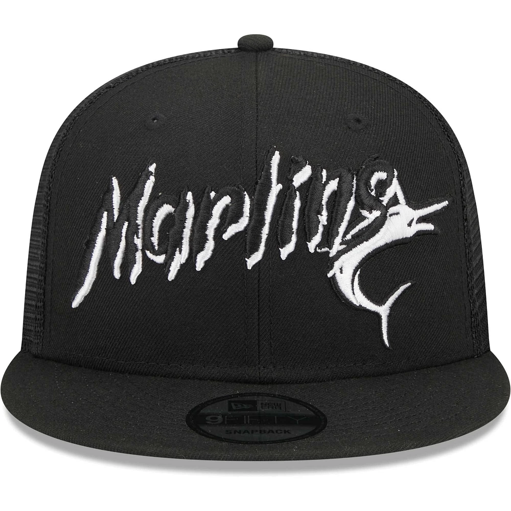 Men's New Era Black Miami Marlins Street Trucker 9FIFTY Snapback Hat