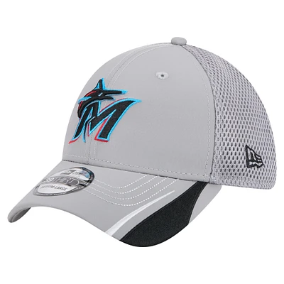 Casquette Linear 39THIRTY Flex-Fit pour homme New Era grise des Miami Marlins