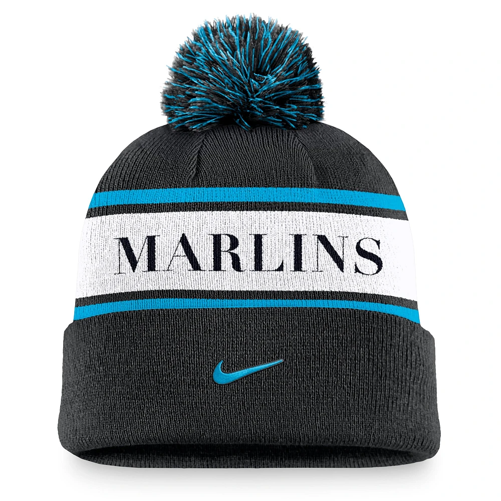 Men's Nike Black Miami Marlins Team Stripe Peak Cuffed Knit Hat with Pom