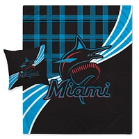 Miami Marlins Plaid Wave Lightweight Blanket & Pillow Combo Set