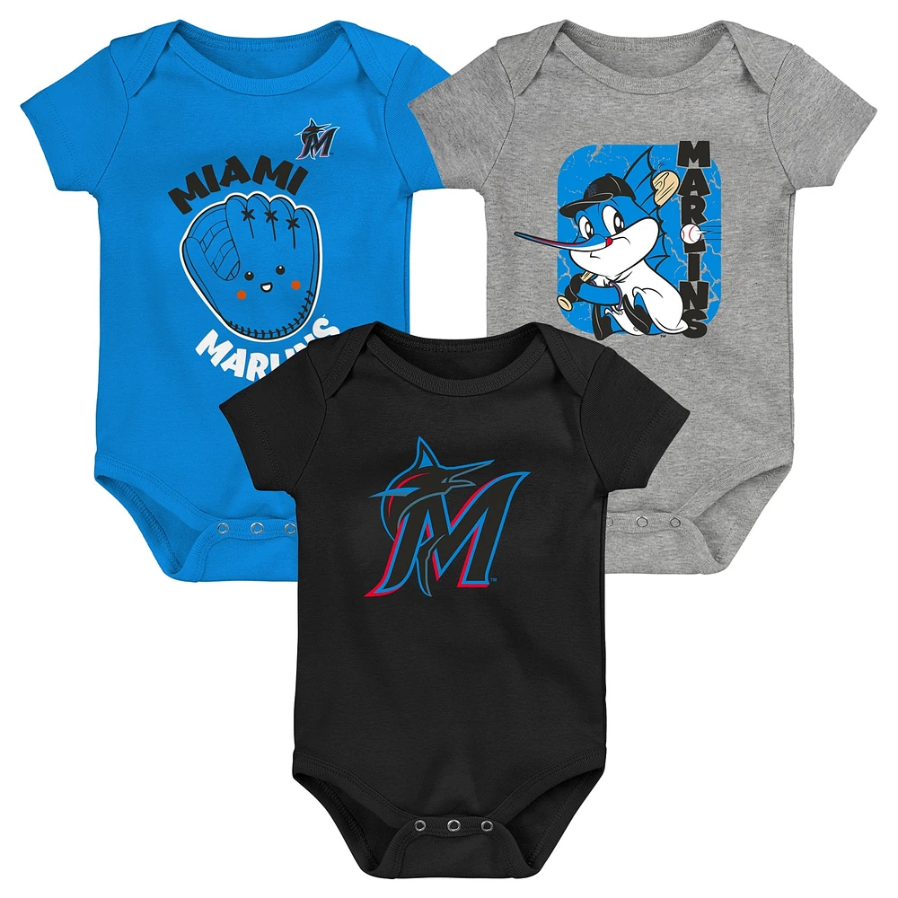 Lot de 3 combinaisons changeantes Miami Marlins bleu/noir/gris chiné pour nouveau-né et nourrisson