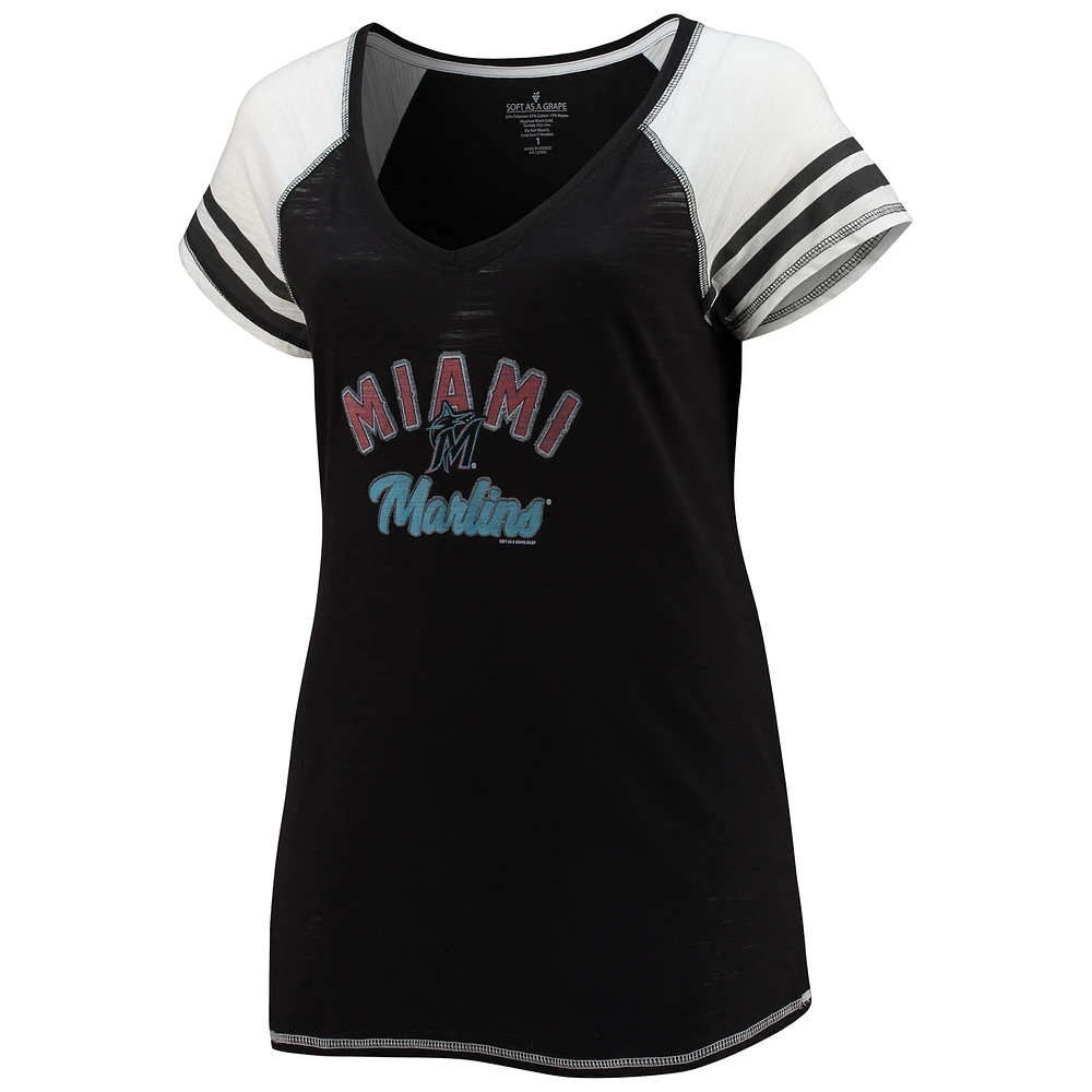 Women's Soft as a Grape Black Miami Marlins Curvy Color Block Tri-Blend Raglan V-Neck T-Shirt
