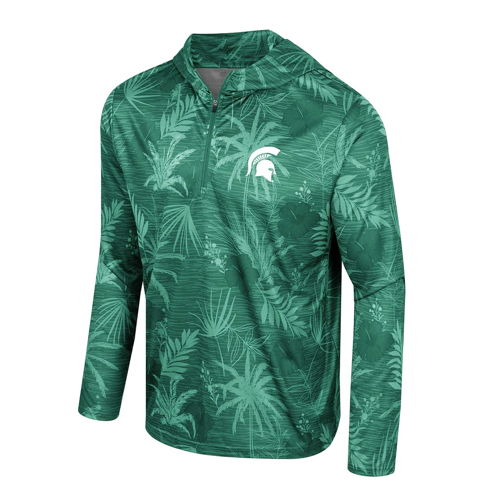 Men's Colosseum Green Michigan State Spartans Palms Printed Lightweight Quarter-Zip Hooded Top