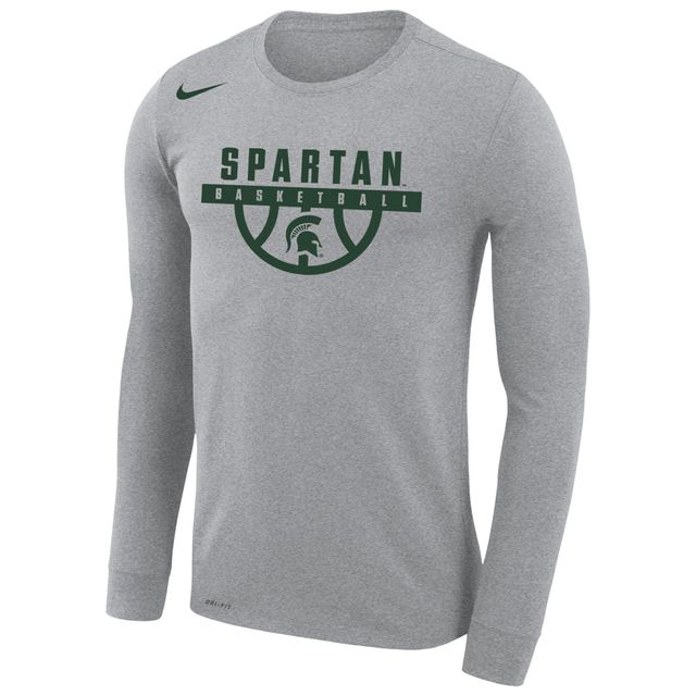 T-shirt de performance à manches longues Nike Michigan State Spartans Basketball Drop Legend pour homme, gris