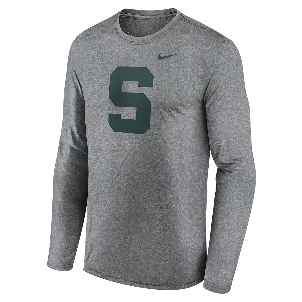 T-shirt Nike à manches longues pour homme, gris chiné, Michigan State Spartans Primetime Alternate Logo Legend Performance