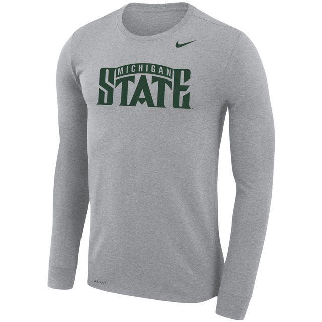 T-shirt à manches longues Nike Heathered Grey pour homme Michigan State Spartans School Wordmark Logo Performance Legend