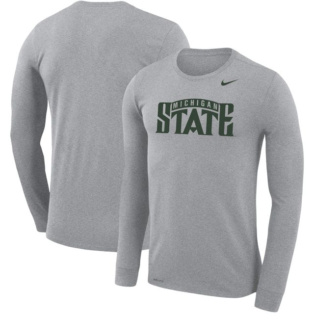 T-shirt à manches longues Nike Heathered Grey pour homme Michigan State Spartans School Wordmark Logo Performance Legend