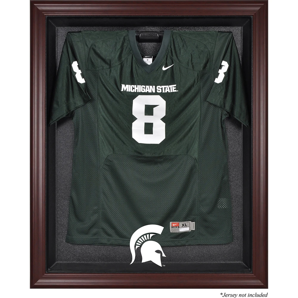 Vitrine de présentation du maillot avec logo encadré en acajou des Spartans de l'État du Michigan