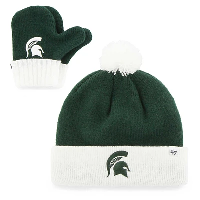 Ensemble bonnet et moufles en tricot à revers Bam Bam pour tout-petits '47 Michigan State Spartans deux pièces avec pompon