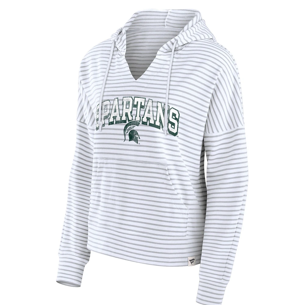 Women's Fanatics  White Michigan State Spartans Striped Notch Neck Pullover Hoodie