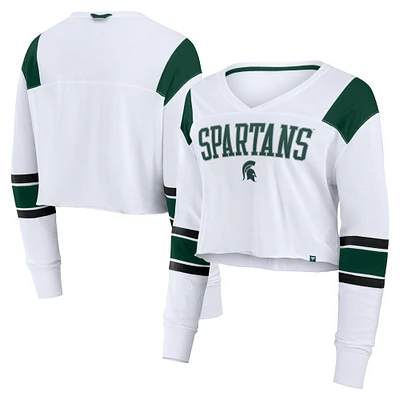 Haut court à manches longues et col en V pour femme Fanatics, blanc, Michigan State Spartans Training Camp