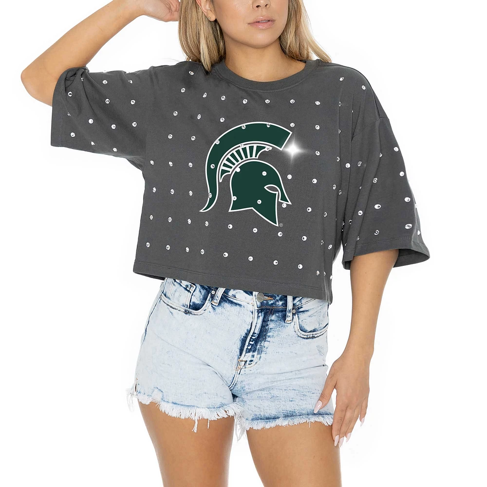 Women's Gameday Couture Gray Michigan State Spartans Go Time Rhinestone Crop T-Shirt