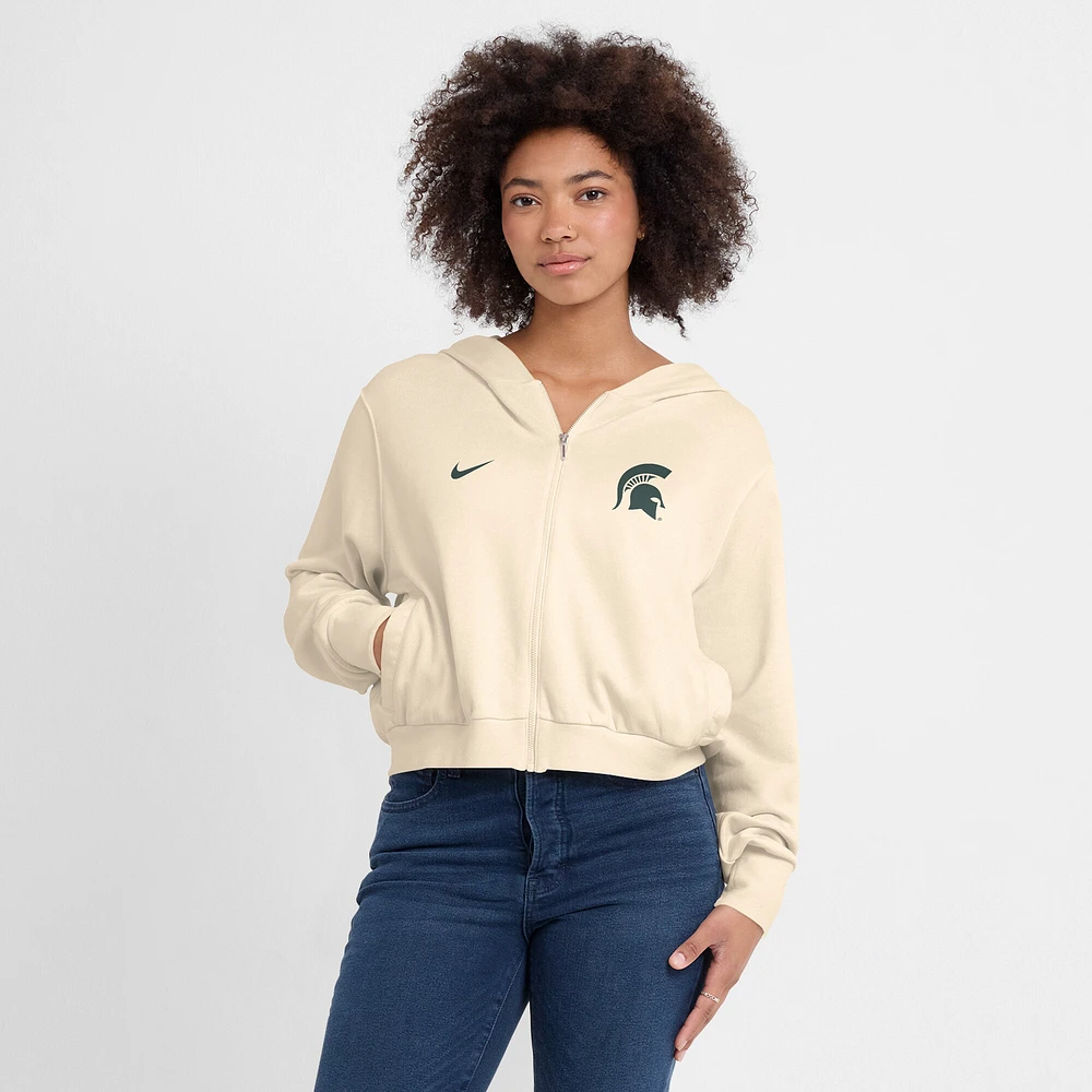 Sweat à capuche court Nike crème Michigan State Spartans pour femme avec fermeture éclair intégrale