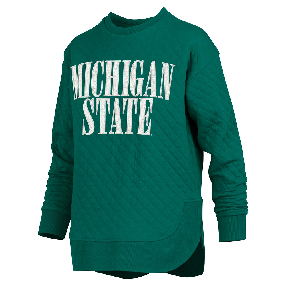 Women's Pressbox Green Michigan State Spartans Quilted Long Sleeve Pullover Sweatshirt