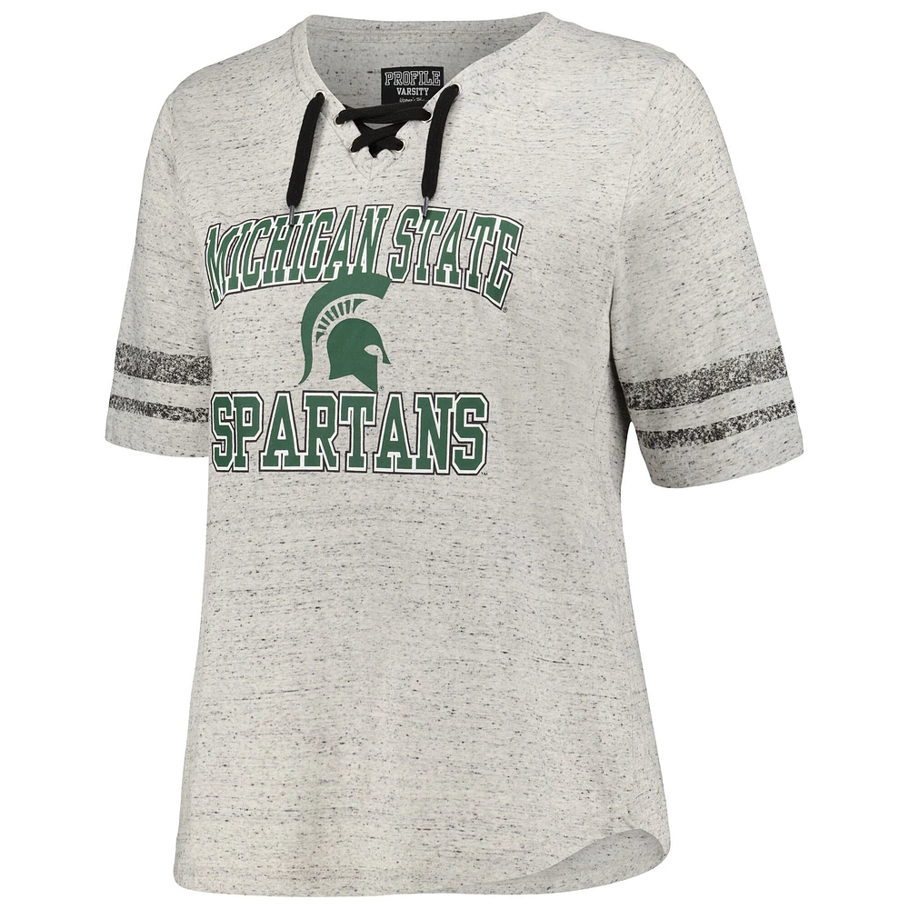 Women's Profile Heather Gray Michigan State Spartans Plus Striped Lace-Up V-Neck T-Shirt