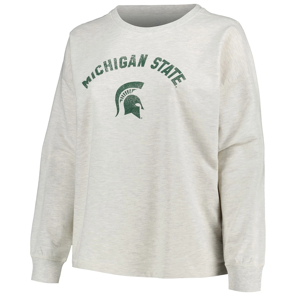 Women's Profile Oatmeal Michigan State Spartans Plus Distressed Arch Over Logo Neutral Boxy Pullover Sweatshirt