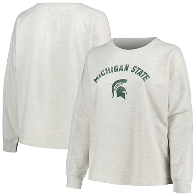 Women's Profile Oatmeal Michigan State Spartans Plus Distressed Arch Over Logo Neutral Boxy Pullover Sweatshirt