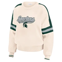 Women's WEAR by Erin Andrews  Cream Michigan State Spartans Chenille Woven Patch Stripe Pullover Sweater