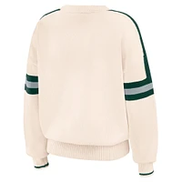 Women's WEAR by Erin Andrews  Cream Michigan State Spartans Chenille Woven Patch Stripe Pullover Sweater