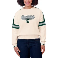 Women's WEAR by Erin Andrews  Cream Michigan State Spartans Chenille Woven Patch Stripe Pullover Sweater