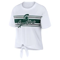 Women's WEAR by Erin Andrews White Michigan State Spartans Striped Front Knot Cropped T-Shirt