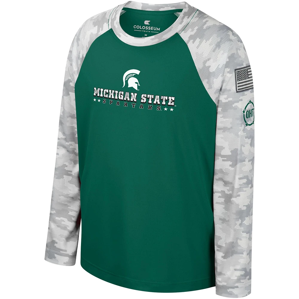 Youth Colosseum Green/Camo Michigan State Spartans OHT Military Appreciation Dark Star Raglan Long Sleeve T-Shirt