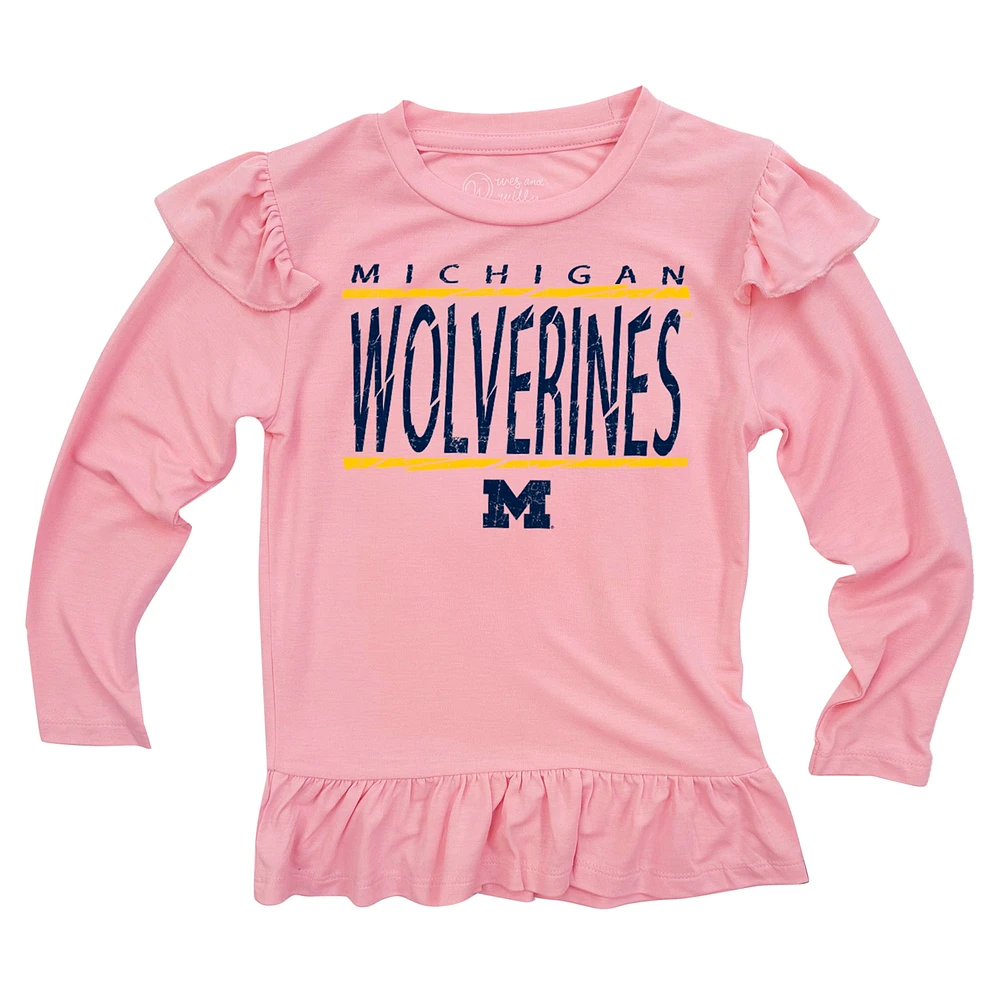 Infant Wes & Willy Pink Michigan Wolverines Heart Print Ruffle Long Sleeve T-Shirt and Pants Sleep Set