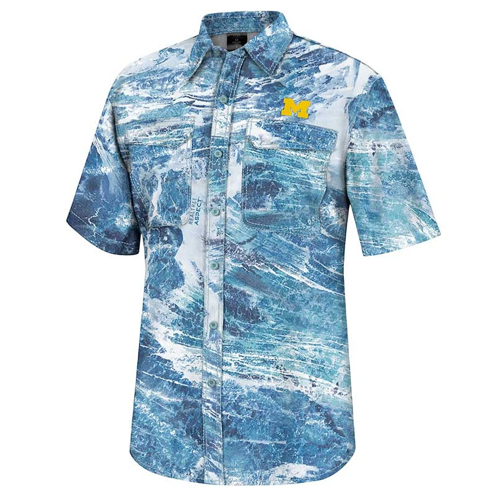 Men's Colosseum  Blue Michigan Wolverines Realtree Aspect Charter Full-Button Fishing Shirt