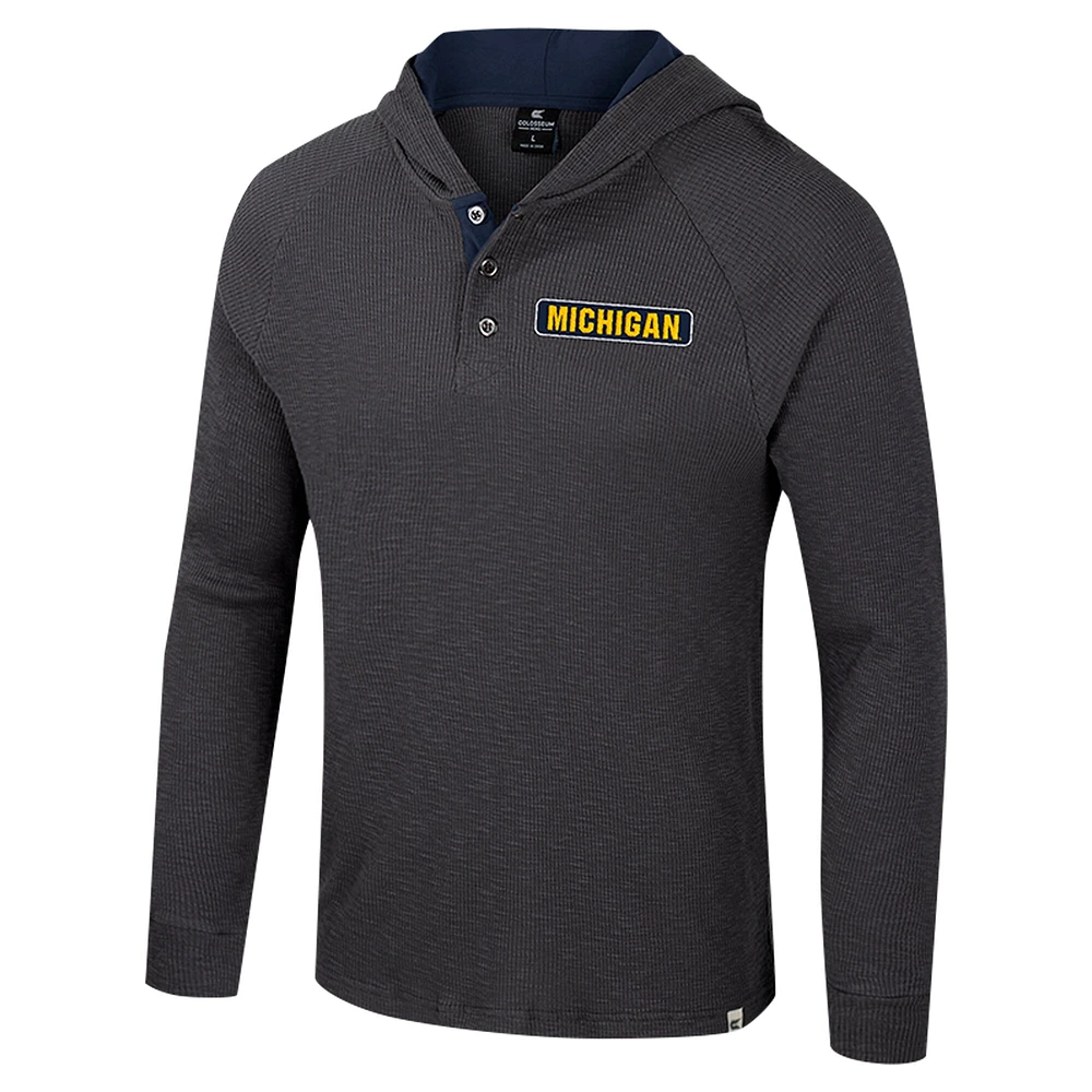 Men's Colosseum  Charcoal Michigan Wolverines Dujour Ralgan Long Sleeve Henley Hoodie T-Shirt