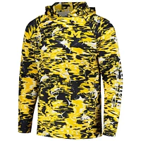 Men's Columbia Navy Michigan Wolverines PFG Terminal Tackle Omni-Shade Rippled Long Sleeve Hooded T-Shirt