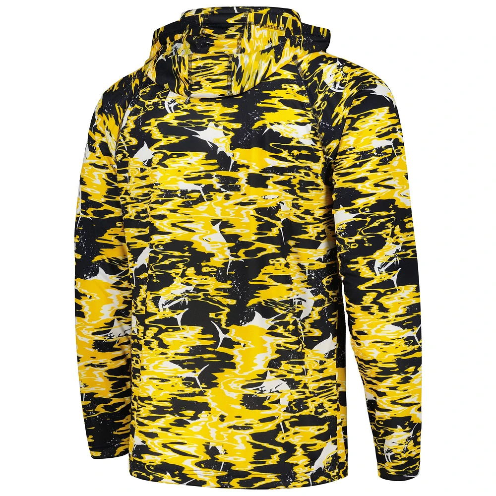 Men's Columbia Navy Michigan Wolverines PFG Terminal Tackle Omni-Shade Rippled Long Sleeve Hooded T-Shirt