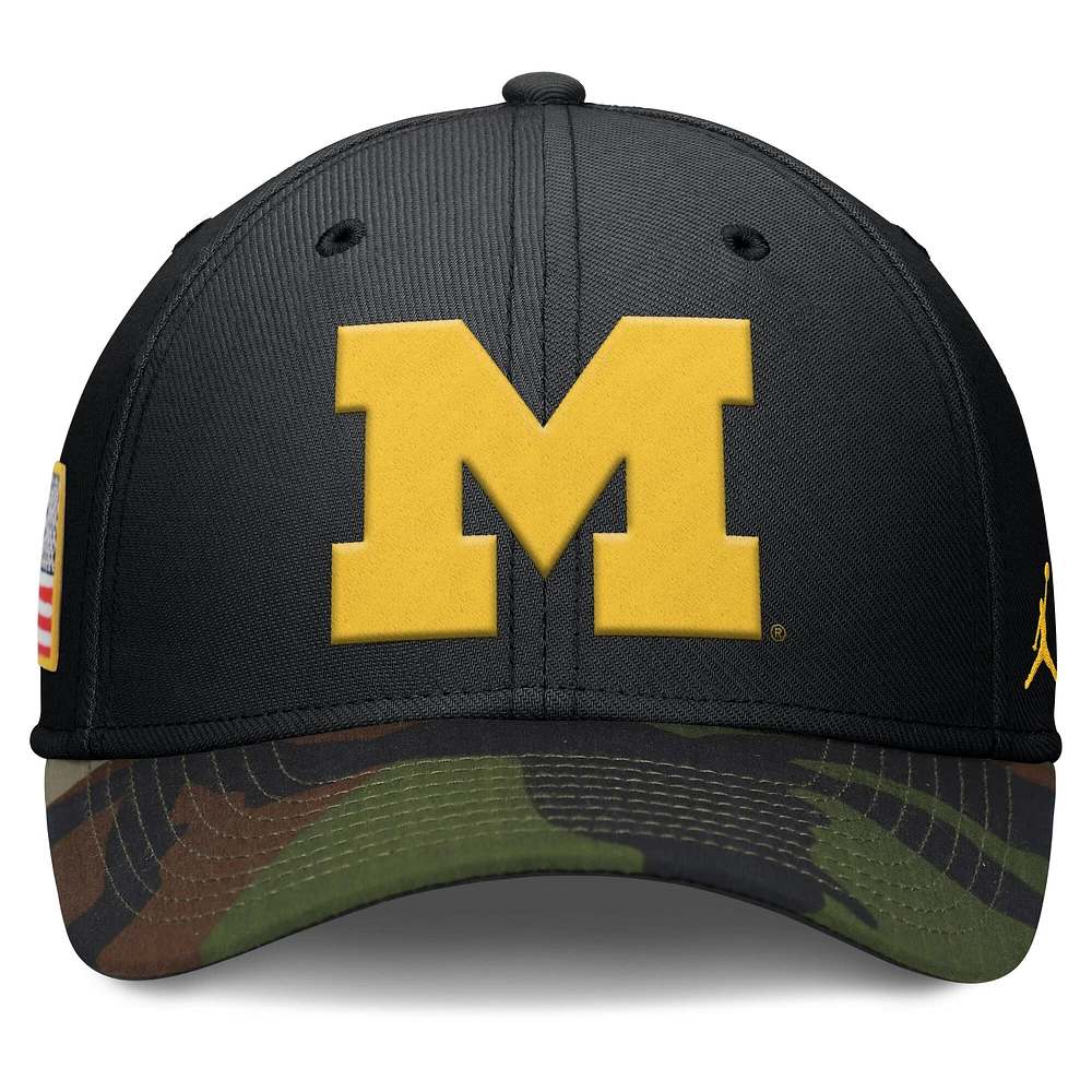 Men's Jordan Brand Black/Camo Michigan Wolverines 2024 Military Appreciation Rise Swoosh Performance Flex Hat