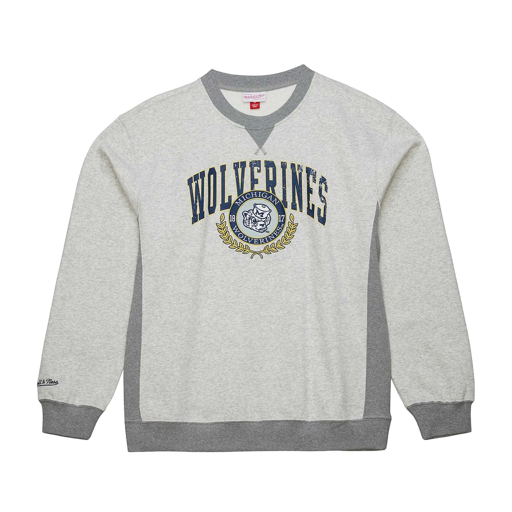 Sweat-shirt à col rond en polaire arqué Mitchell & Ness pour hommes, gris chiné Michigan Wolverines