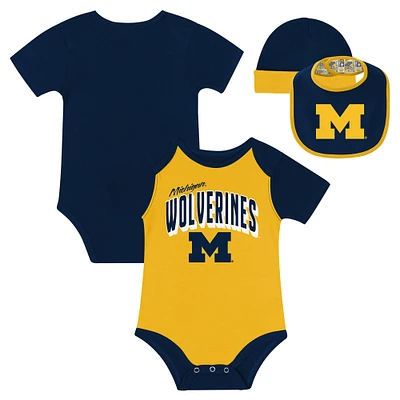 Ensemble body, bavoir et bonnet à revers pour nouveau-né bébé Michigan Wolverines Dynamic Duo