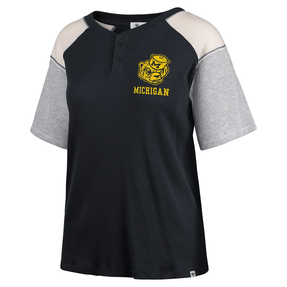 Women's '47 Black Michigan Wolverines Underline Harvey Colorblock Raglan Henley T-Shirt