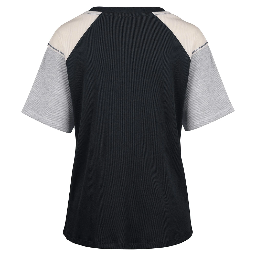 Women's '47 Black Michigan Wolverines Underline Harvey Colorblock Raglan Henley T-Shirt