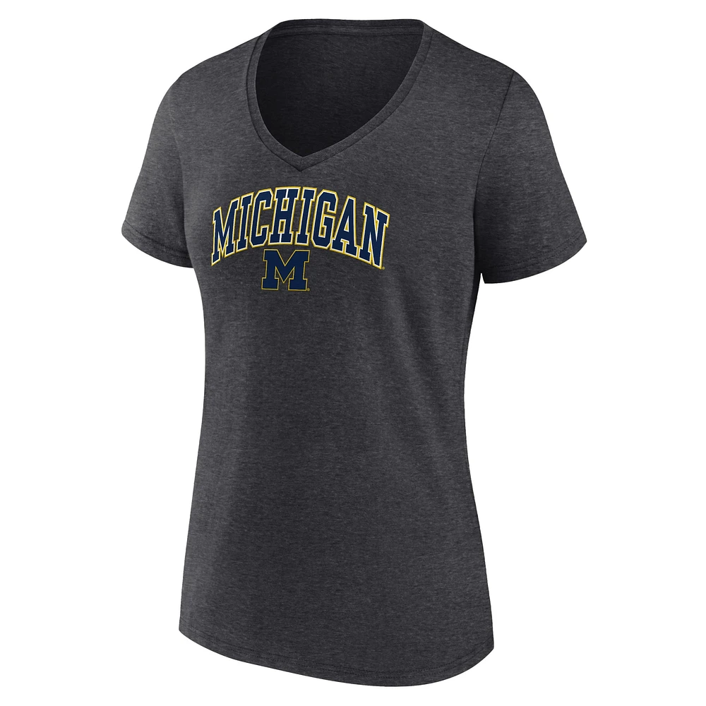 Women's Fanatics Heather Charcoal Michigan Wolverines Campus V-Neck T-Shirt