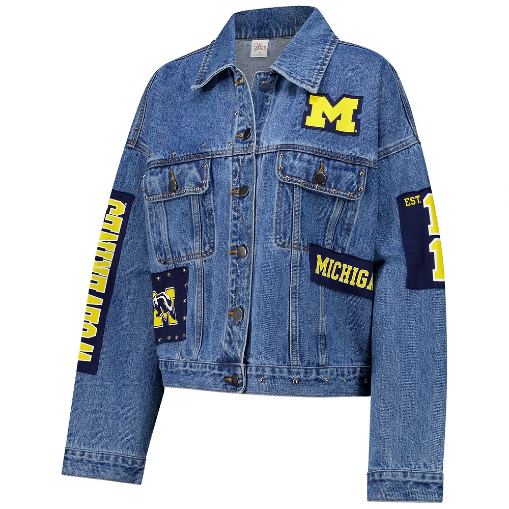 Women's G-III 4Her by Carl Banks Denim Michigan Wolverines Game Ball Patches and Studs Full-Button Jacket