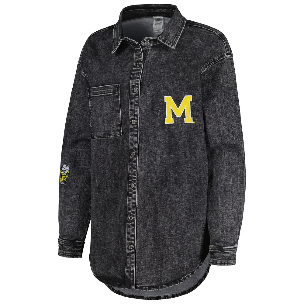 Women's Gameday Couture Charcoal Michigan Wolverines Multi-Hit Tri-Blend Oversized Button-Up Denim Jacket
