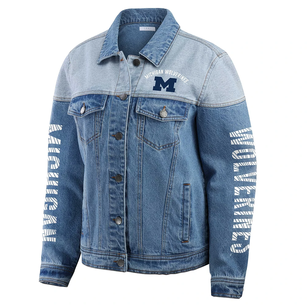Women's WEAR by Erin Andrews Denim Michigan Wolverines Sleeve Hit Colorblock Button-Down Jacket